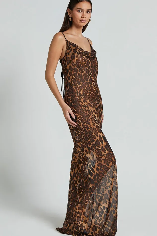 Hilary Maxi Dress 8211 Sheer Cowl Neck Slip Dress In Leopard Women Showpo Dresses