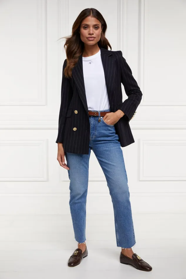 Holland Cooper Briefcase Women Double Breasted Blazer Navy Chalk Pinstripe