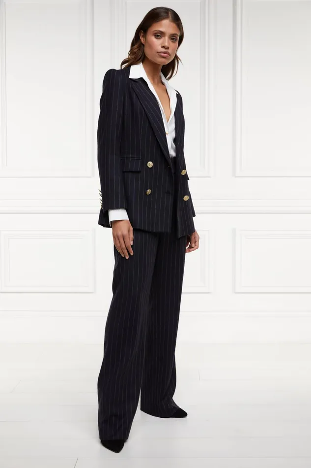 Holland Cooper Briefcase Women Double Breasted Blazer Navy Chalk Pinstripe