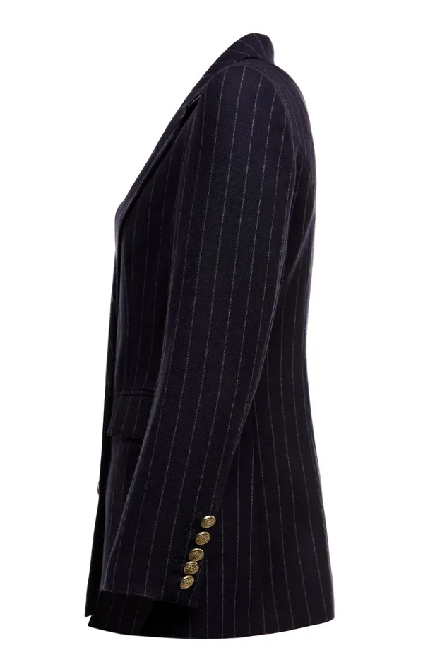 Holland Cooper Briefcase Women Double Breasted Blazer Navy Chalk Pinstripe