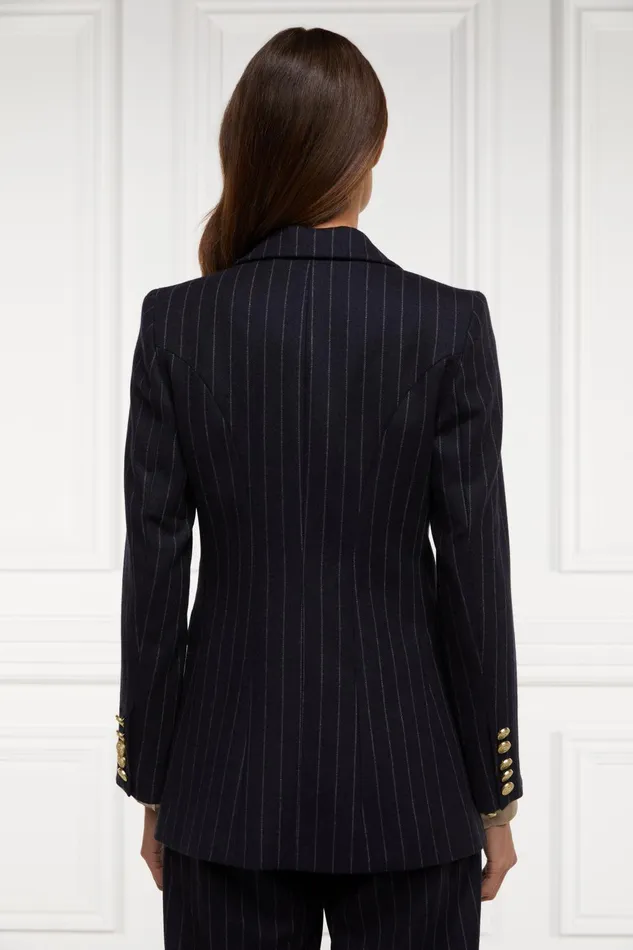 Holland Cooper Briefcase Women Double Breasted Blazer Navy Chalk Pinstripe