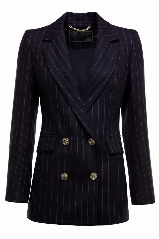 Holland Cooper Briefcase Women Double Breasted Blazer Navy Chalk Pinstripe