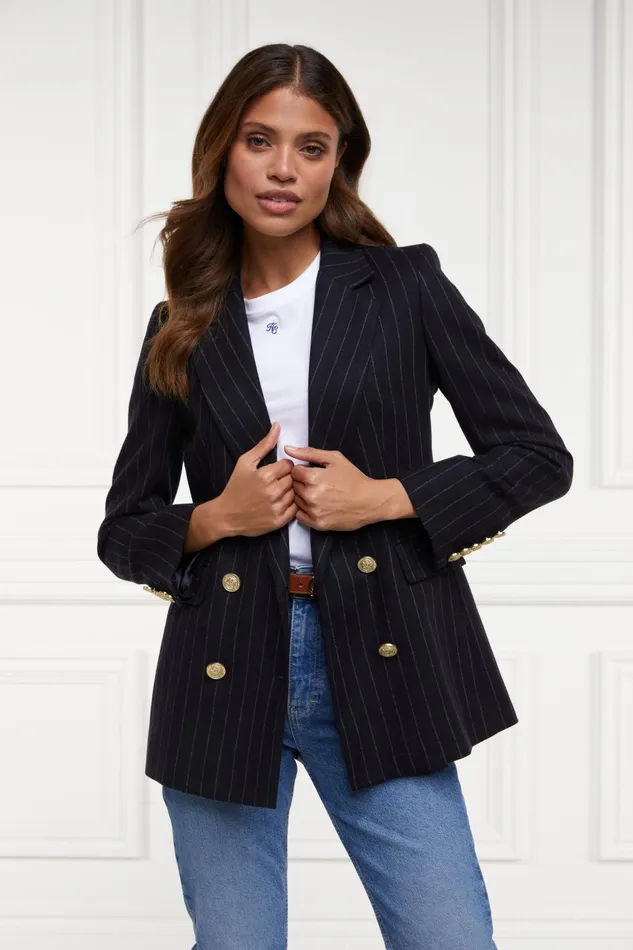 Holland Cooper Briefcase Women Double Breasted Blazer Navy Chalk Pinstripe