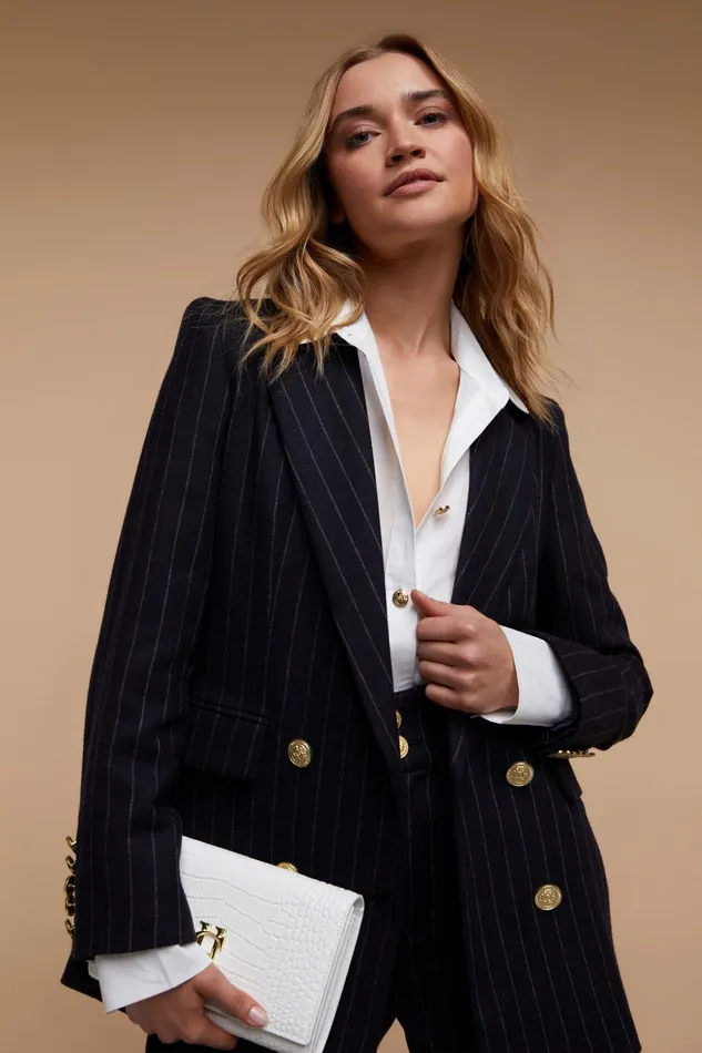 Holland Cooper Briefcase Women Double Breasted Blazer Navy Chalk Pinstripe