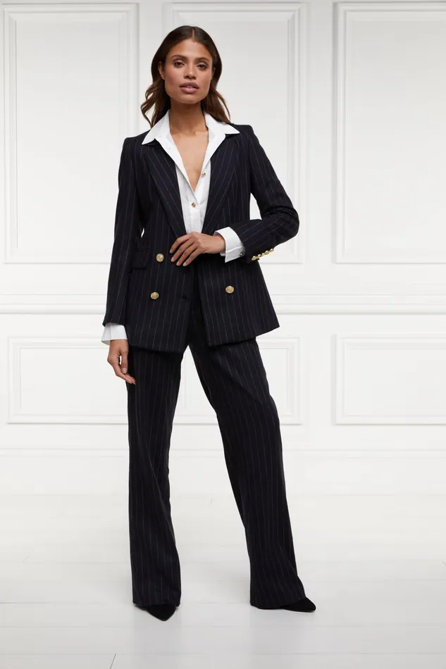 Holland Cooper Briefcase Women Double Breasted Blazer Navy Chalk Pinstripe
