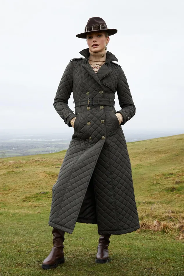 Holland Cooper Coats Women Full Length Enstone Quilted Trench Coat Dark Olive