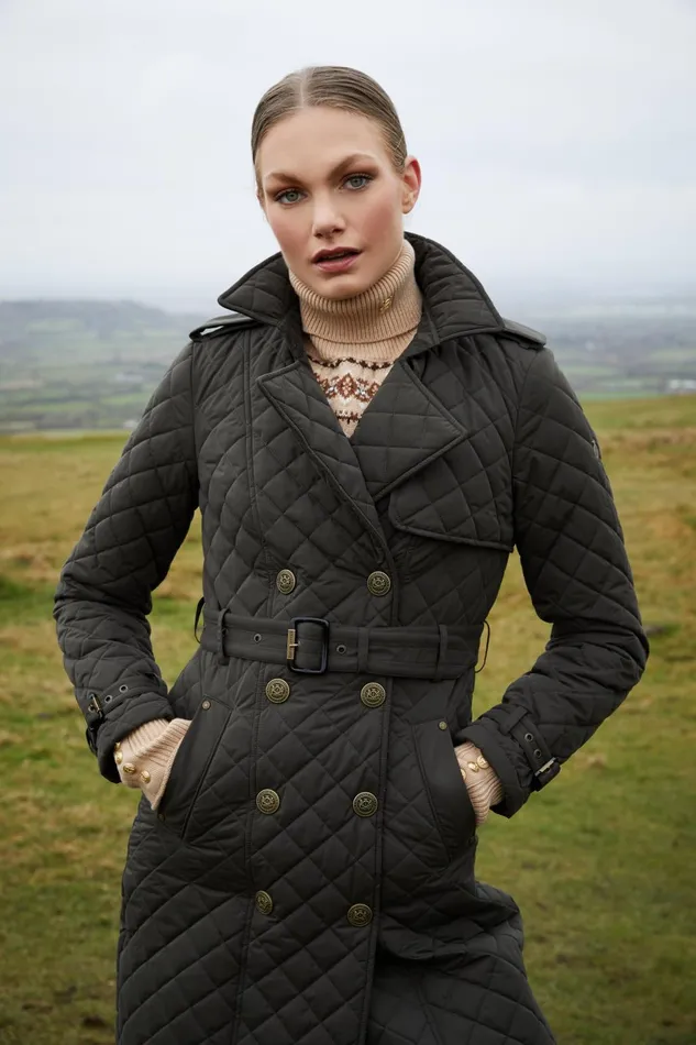 Holland Cooper Coats Women Full Length Enstone Quilted Trench Coat Dark Olive