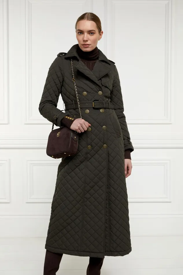 Holland Cooper Coats Women Full Length Enstone Quilted Trench Coat Dark Olive