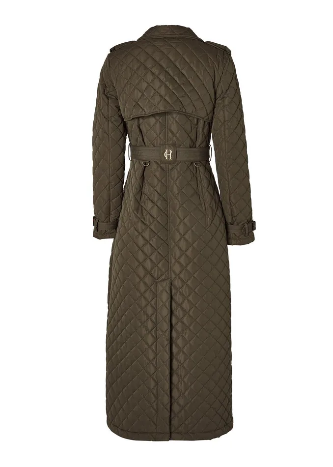 Holland Cooper Coats Women Full Length Enstone Quilted Trench Coat Dark Olive