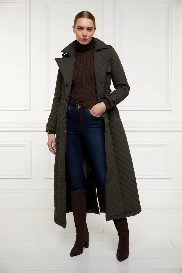 Holland Cooper Coats Women Full Length Enstone Quilted Trench Coat Dark Olive