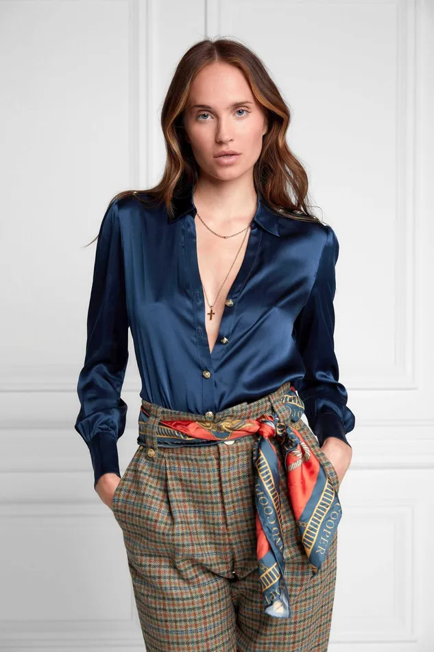 Holland Cooper Shirts and Blouses Women Silk VNeck Blouse Petrol Blue