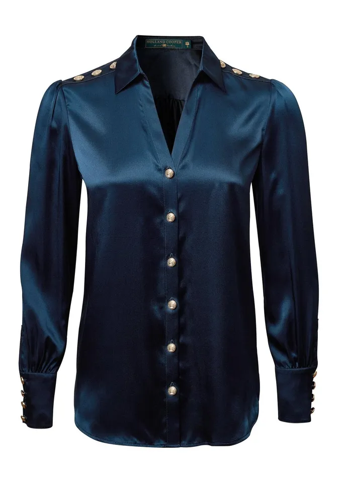Holland Cooper Shirts and Blouses Women Silk VNeck Blouse Petrol Blue Holland Cooper Shirts and Blouses Women Silk VNeck Blouse Petrol Blue