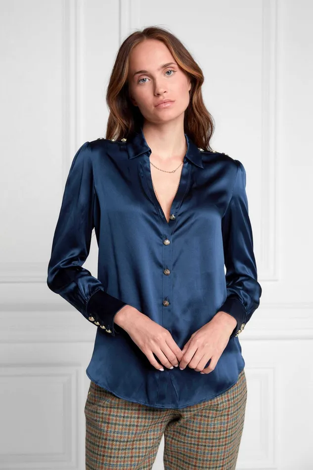 Holland Cooper Shirts and Blouses Women Silk VNeck Blouse Petrol Blue Holland Cooper Shirts and Blouses Women Silk VNeck Blouse Petrol Blue