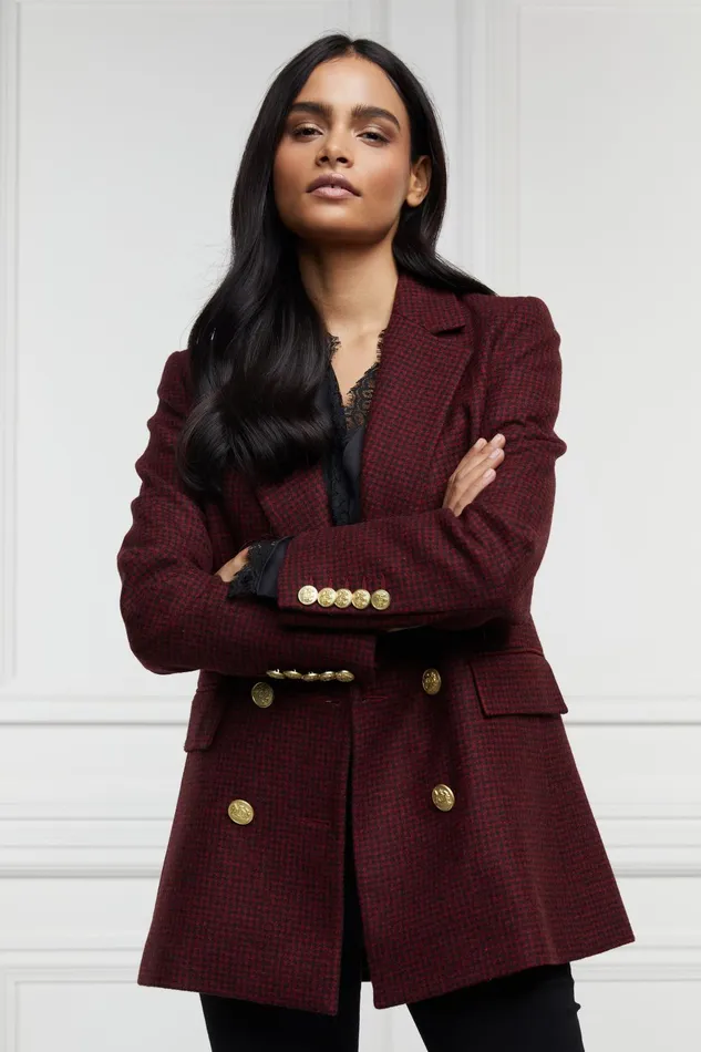 Holland Cooper Tailoring Women Double Breasted Blazer Deep Red Houndstooth