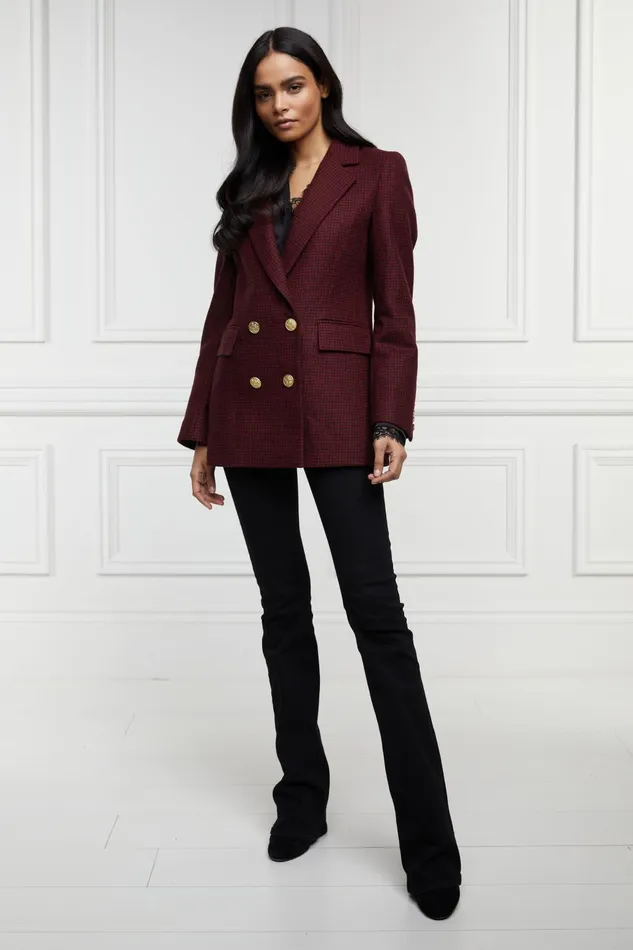 Holland Cooper Tailoring Women Double Breasted Blazer Deep Red Houndstooth