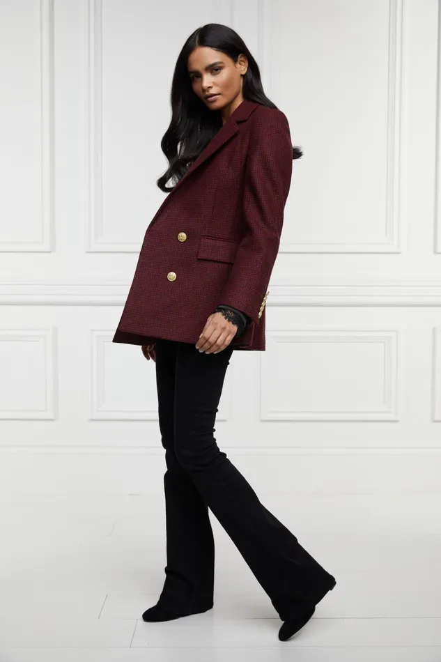 Holland Cooper Tailoring Women Double Breasted Blazer Deep Red Houndstooth