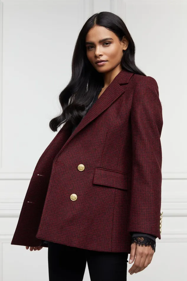 Holland Cooper Tailoring Women Double Breasted Blazer Deep Red Houndstooth