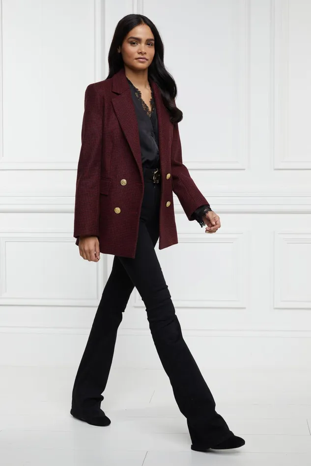 Holland Cooper Tailoring Women Double Breasted Blazer Deep Red Houndstooth