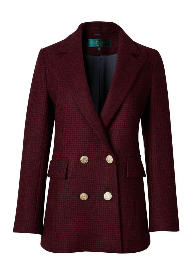 Holland Cooper Tailoring Women Double Breasted Blazer Deep Red Houndstooth