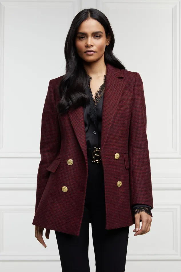 Holland Cooper Tailoring Women Double Breasted Blazer Deep Red Houndstooth