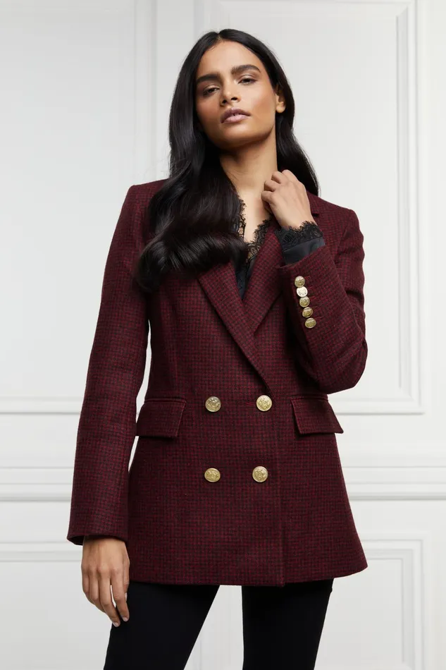 Holland Cooper Tailoring Women Double Breasted Blazer Deep Red Houndstooth