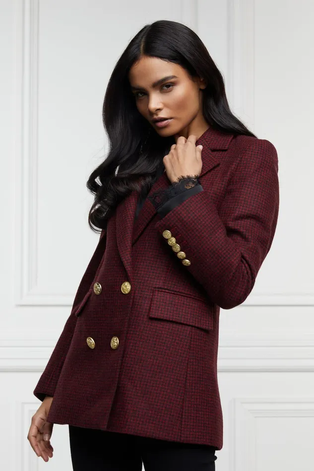 Holland Cooper Tailoring Women Double Breasted Blazer Deep Red Houndstooth