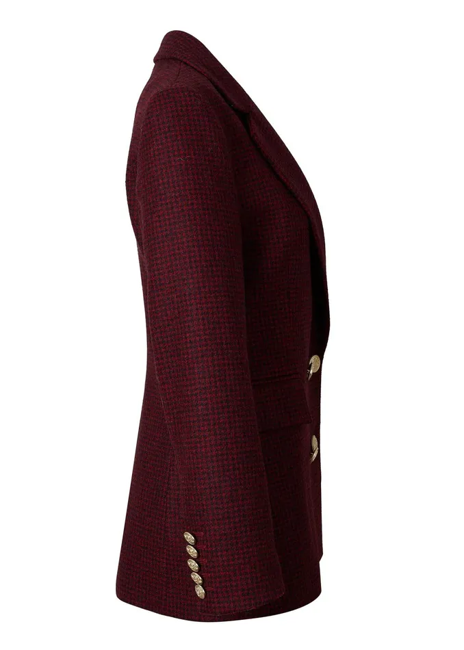 Holland Cooper Tailoring Women Double Breasted Blazer Deep Red Houndstooth