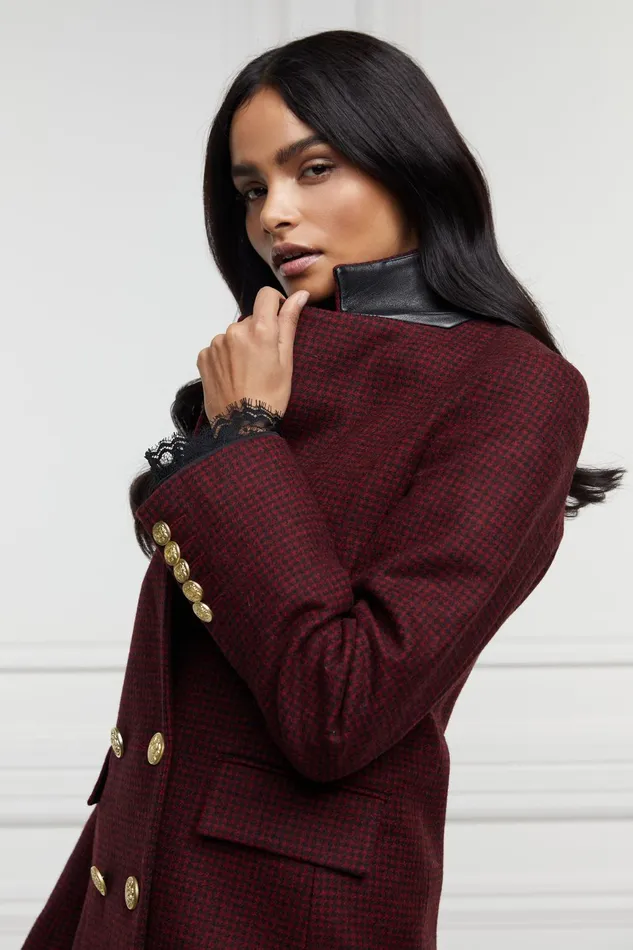 Holland Cooper Tailoring Women Double Breasted Blazer Deep Red Houndstooth