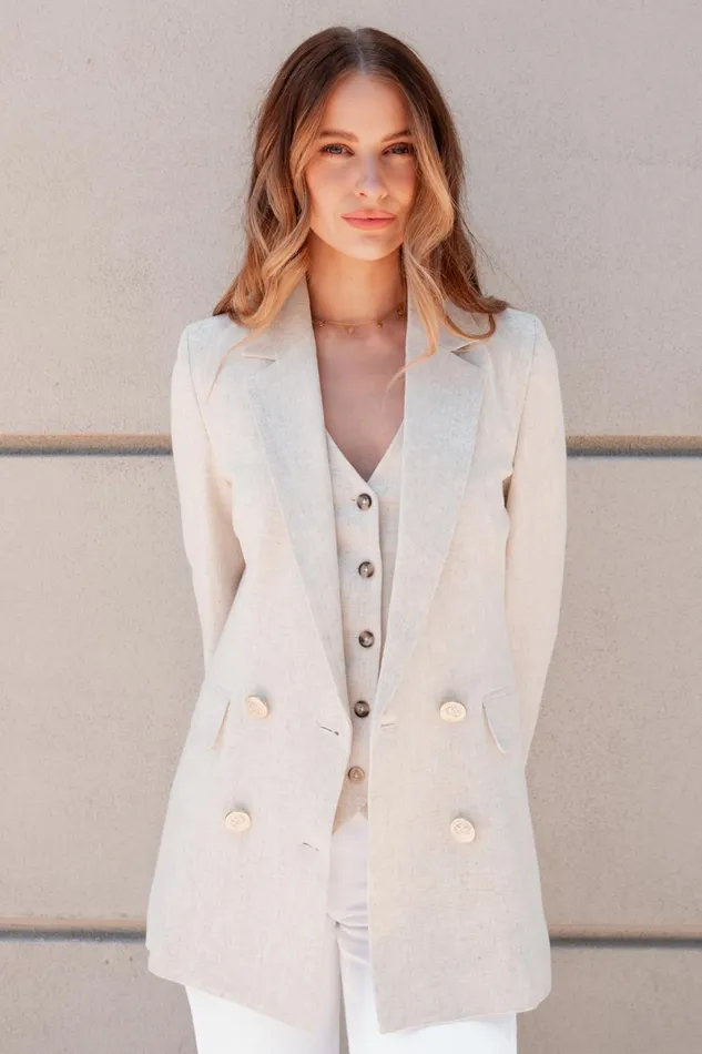 Holland Cooper Tailoring Women Double Breasted Blazer Natural Linen