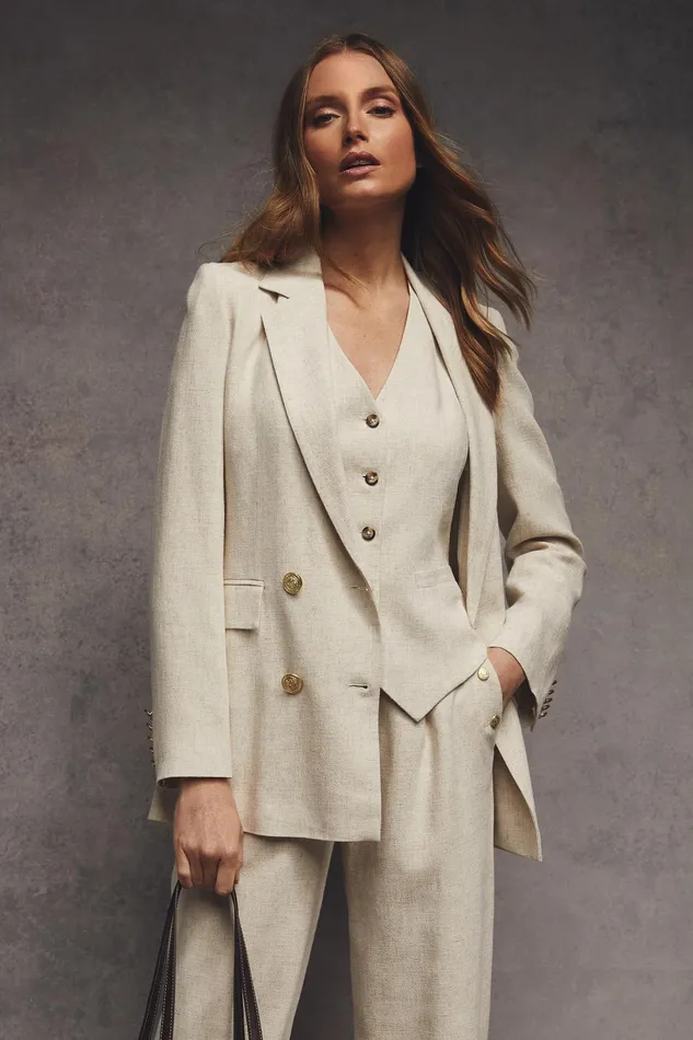 Holland Cooper Tailoring Women Double Breasted Blazer Natural Linen