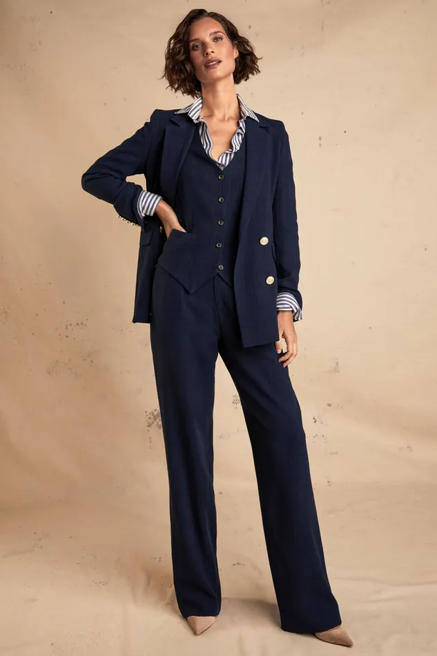 Holland Cooper Tailoring Women High Waisted Straight Trouser Navy Linen
