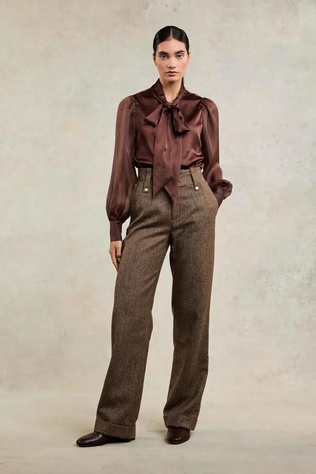 Holland Cooper Tailoring Women High Waisted Wide Leg Trouser Large Scale Brown Herringbone Holland Cooper Tailoring Women High Waisted Wide Leg Trouser Large Scale Brown Herringbone