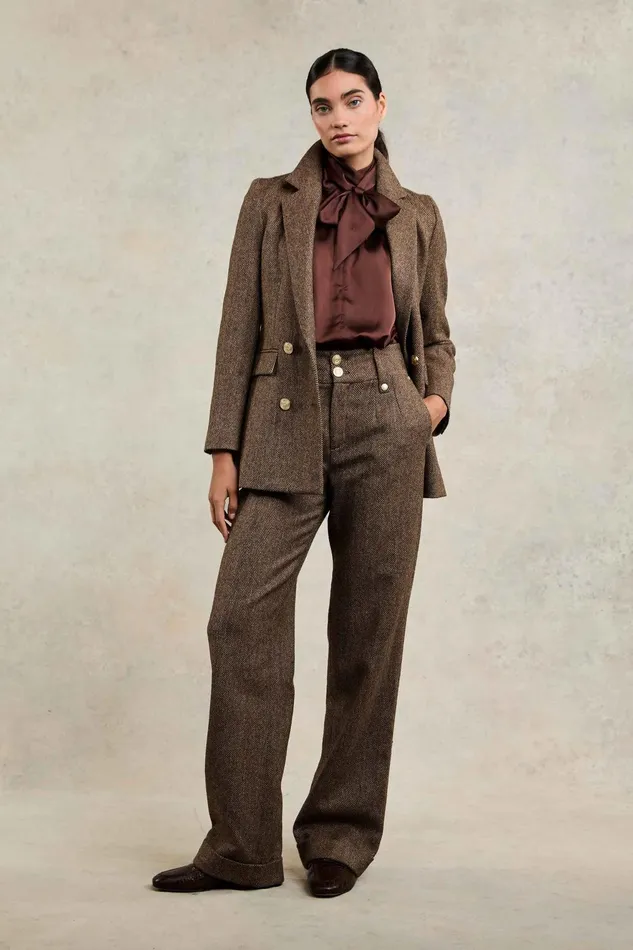 Holland Cooper Tailoring Women High Waisted Wide Leg Trouser Large Scale Brown Herringbone Holland Cooper Tailoring Women High Waisted Wide Leg Trouser Large Scale Brown Herringbone