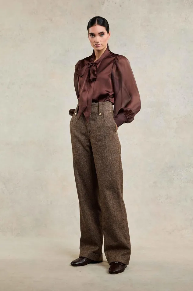 Holland Cooper Tailoring Women High Waisted Wide Leg Trouser Large Scale Brown Herringbone Holland Cooper Tailoring Women High Waisted Wide Leg Trouser Large Scale Brown Herringbone