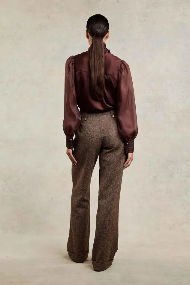 Holland Cooper Tailoring Women High Waisted Wide Leg Trouser Large Scale Brown Herringbone Holland Cooper Tailoring Women High Waisted Wide Leg Trouser Large Scale Brown Herringbone