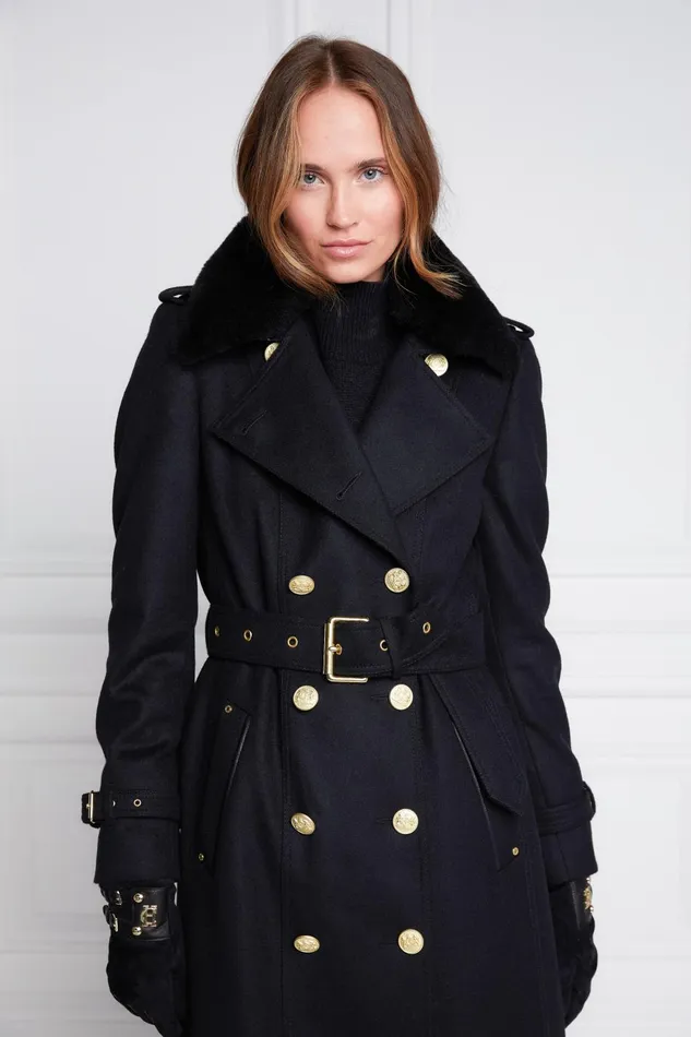 Holland Cooper Tailoring Women Marlborough Shearling Trench Coat Soft Black
