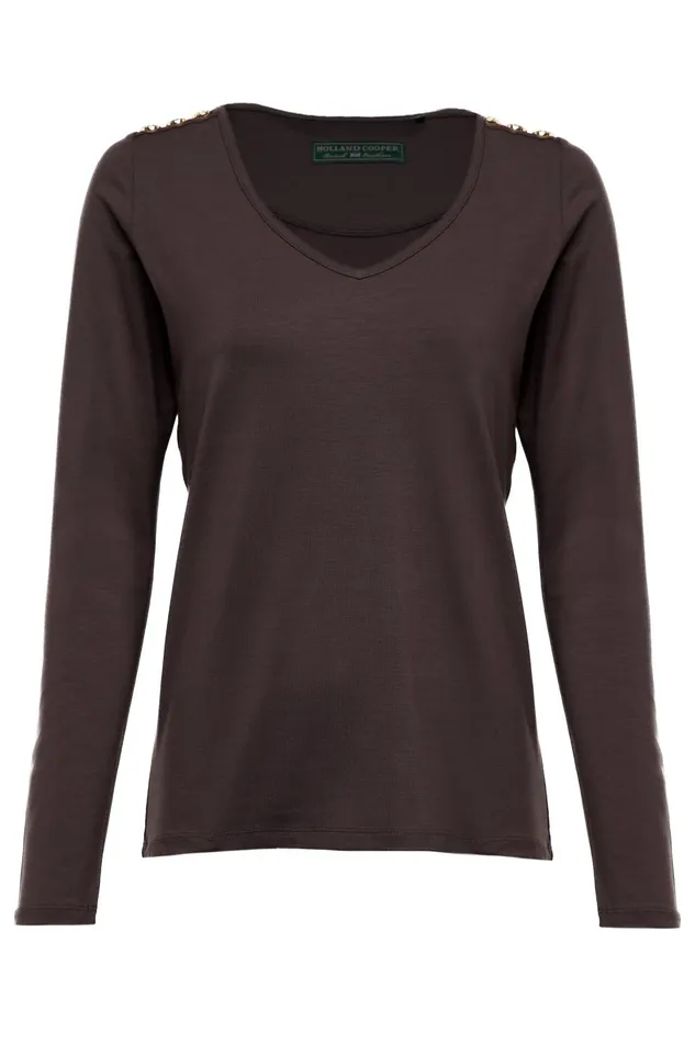 Holland Cooper Tops Women Long Sleeve VNeck Tee Coffee Holland Cooper Tops Women Long Sleeve VNeck Tee Coffee