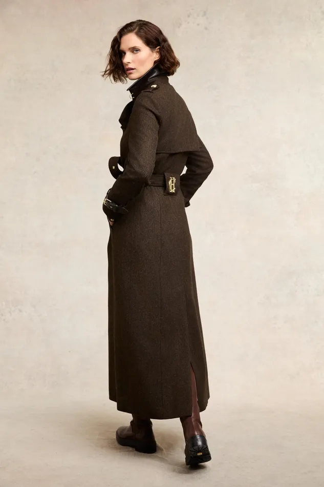 Holland Cooper Trench Coats Women Full Length Marlborough Trench Coat Chocolate Herringbone