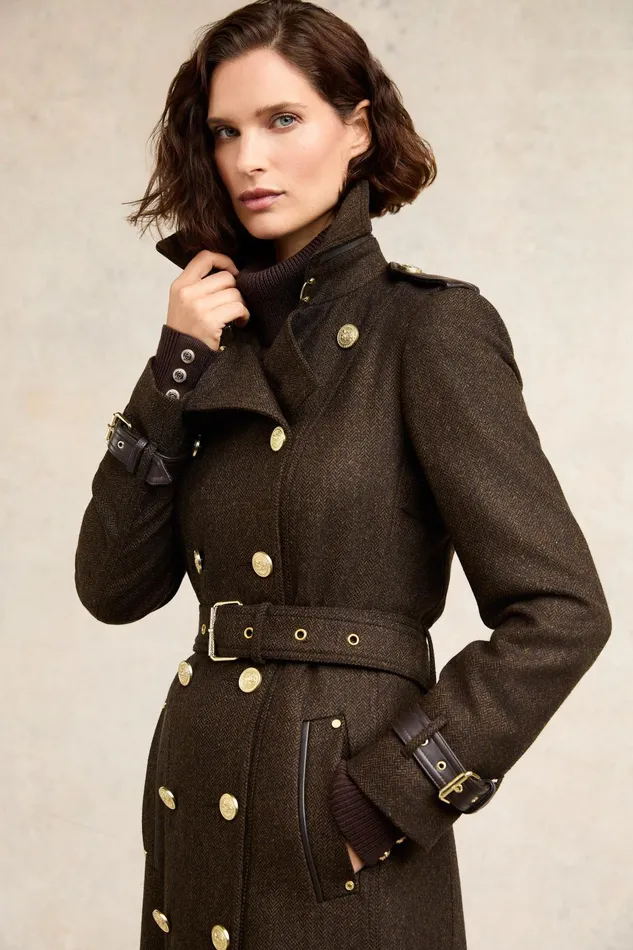 Holland Cooper Trench Coats Women Full Length Marlborough Trench Coat Chocolate Herringbone