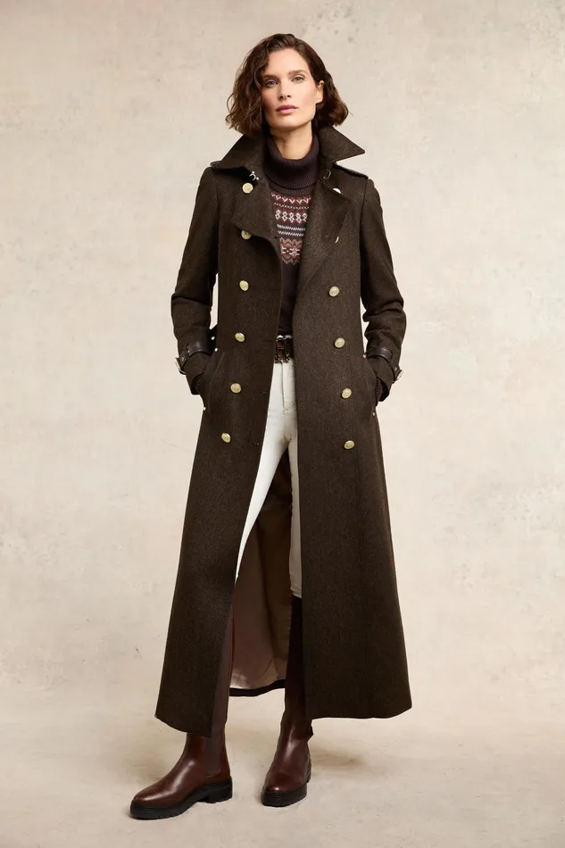 Holland Cooper Trench Coats Women Full Length Marlborough Trench Coat Chocolate Herringbone