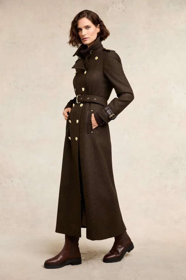 Holland Cooper Trench Coats Women Full Length Marlborough Trench Coat Chocolate Herringbone