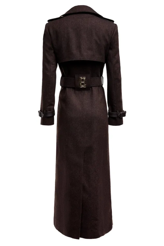 Holland Cooper Trench Coats Women Full Length Marlborough Trench Coat Chocolate Herringbone
