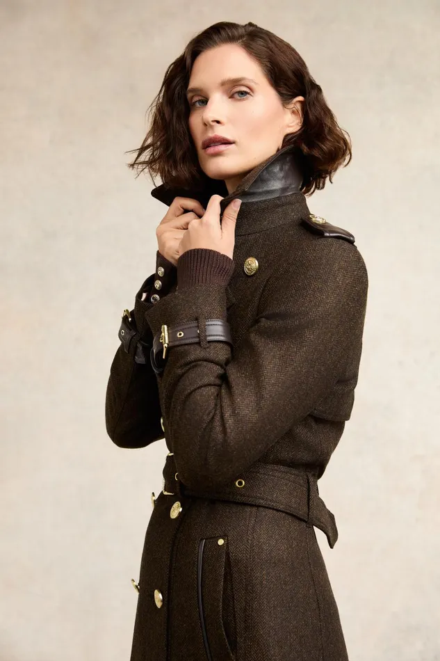 Holland Cooper Trench Coats Women Full Length Marlborough Trench Coat Chocolate Herringbone