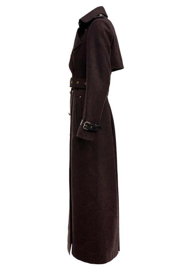 Holland Cooper Trench Coats Women Full Length Marlborough Trench Coat Chocolate Herringbone