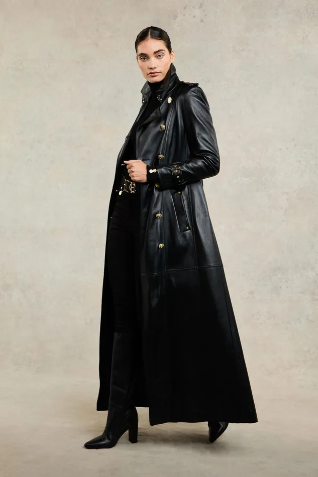 Holland Cooper Trench Coats Women Full Length Marlborough Trench Coat Valencia Leather Black