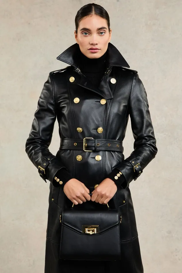 Holland Cooper Trench Coats Women Full Length Marlborough Trench Coat Valencia Leather Black