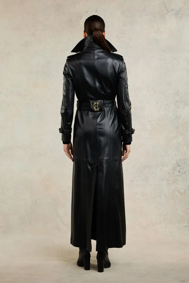 Holland Cooper Trench Coats Women Full Length Marlborough Trench Coat Valencia Leather Black