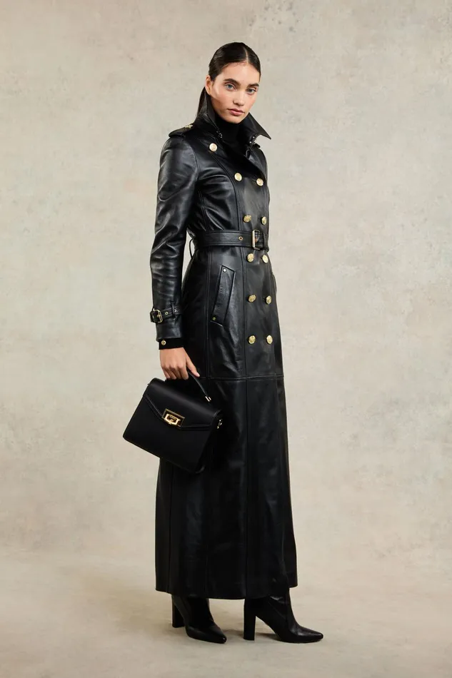 Holland Cooper Trench Coats Women Full Length Marlborough Trench Coat Valencia Leather Black