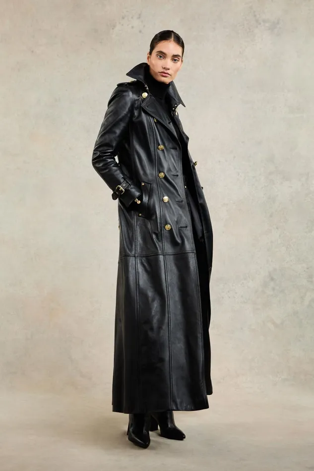 Holland Cooper Trench Coats Women Full Length Marlborough Trench Coat Valencia Leather Black