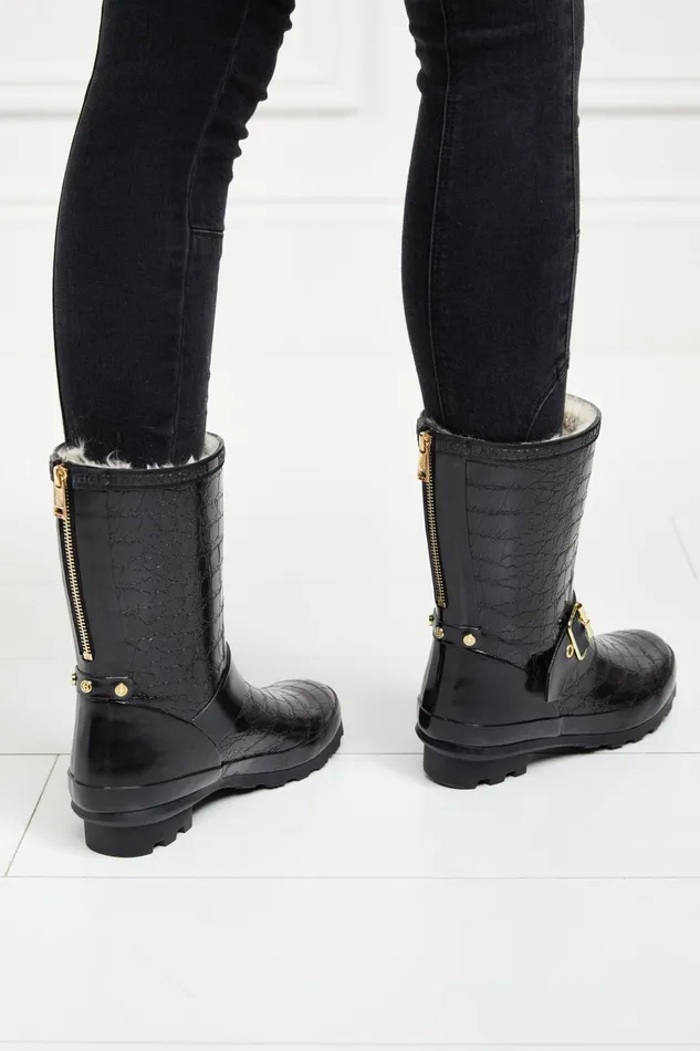 Holland Cooper Wellington Boots Women Sherpa Lined Chelsea Wellington Black Croc